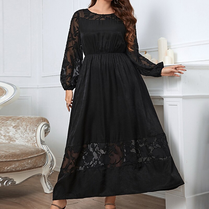 Women's Plus Size Work Dress Pure Color Crew Neck Long Sleeve Fall Winter Work Elegant Midi Dress Work Work Dress Dress