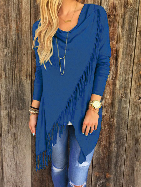 Knitted Long Sleeve Asymmetrical Fringed Solid Plus Size Sweater