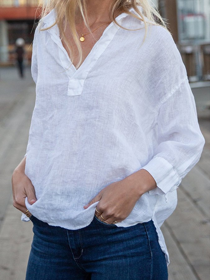 Ladies Cotton Linen V-Neck Solid Color Simple Loose Shirt