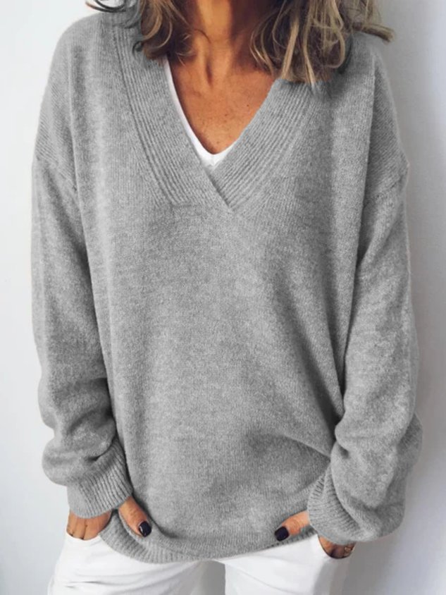 Cotton-Blend Long Sleeve V Neck Tops