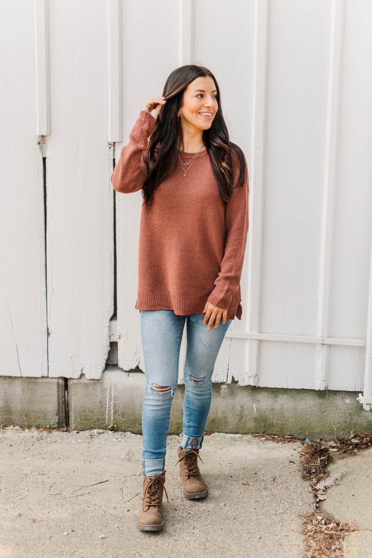 Reaching Out To You Knit Sweater- Brick