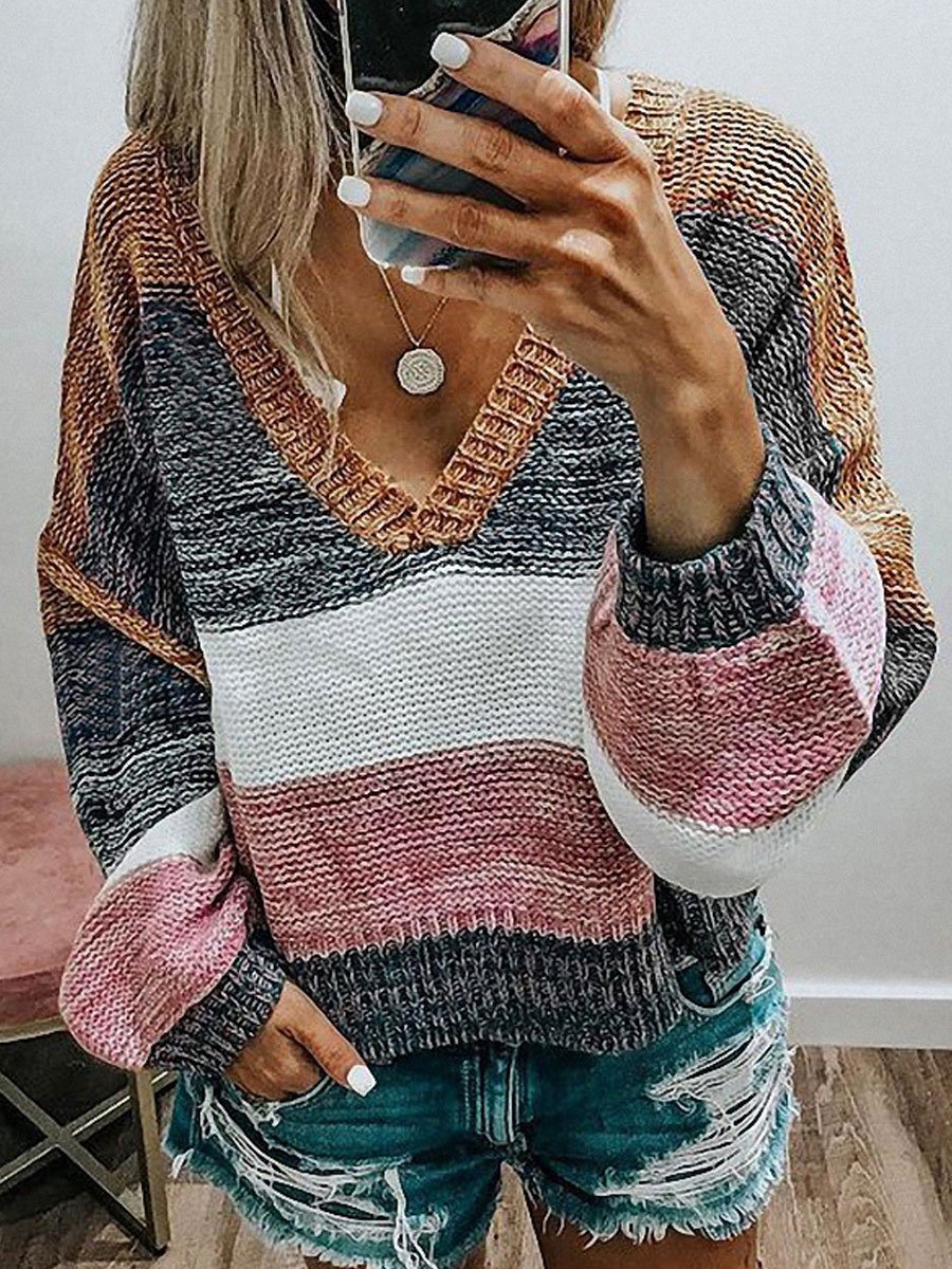 V-neck contrast stitching striped knitted sweater