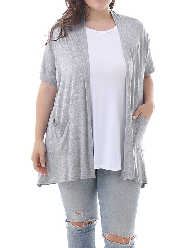 Women's Plus Size L-6XL Short Sleeve Lightweight Soft Printed Drape Cardigan with Pockets