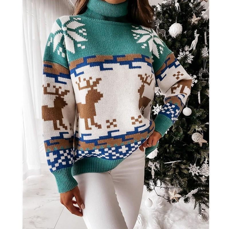 Women's Christmas Elk Snowflake Surtleneck Sweater