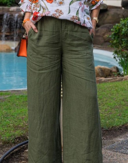 Round Neck Pullover Print Ruffle Sleeve Top Cotton and Linen Trousers