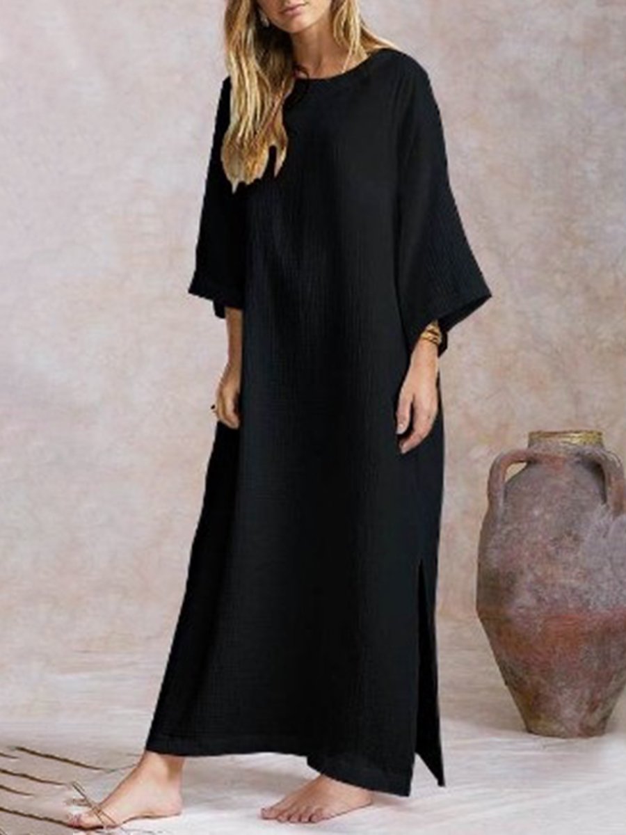 Women's Round Neck Flared Long Sleeve Hem Slit Cotton Linen Dress