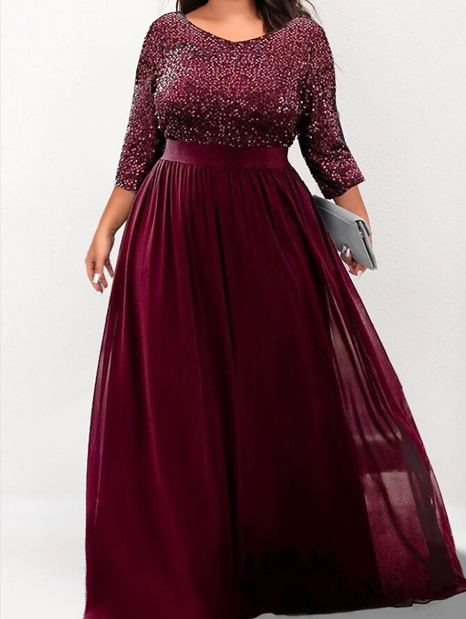 Women's Plus Size Party Dress Solid Color Crew Neck 3/4 Length Sleeve Dress