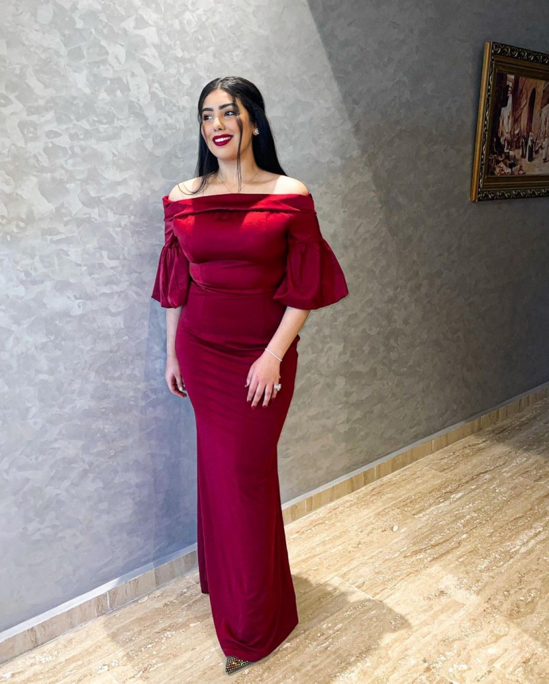 Off Shoulder Lantern Sleeve Red Mermaid Dress