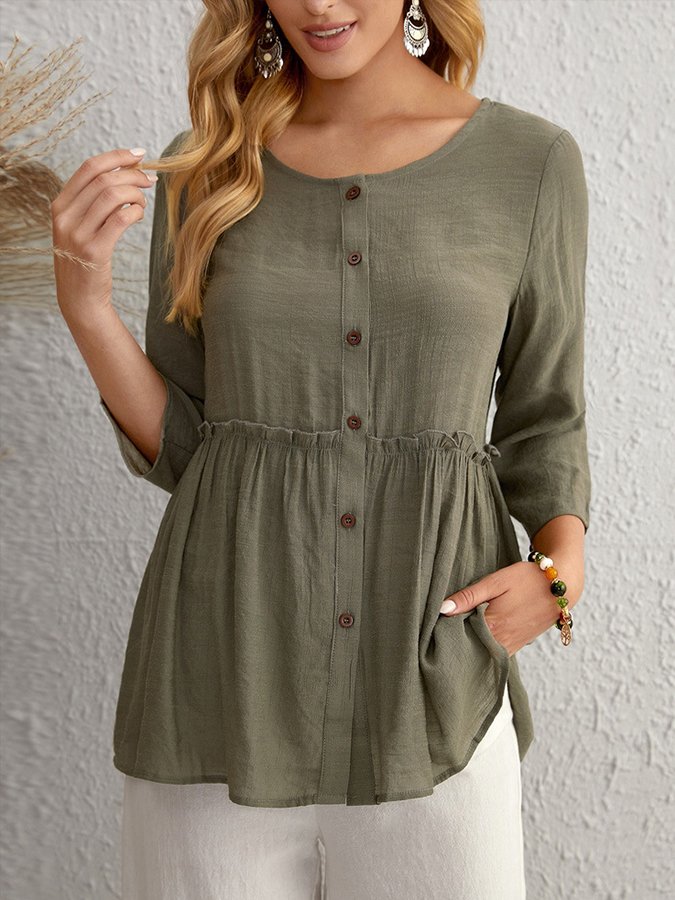 Ladies Cotton Linen Casual Round Neck Shirt