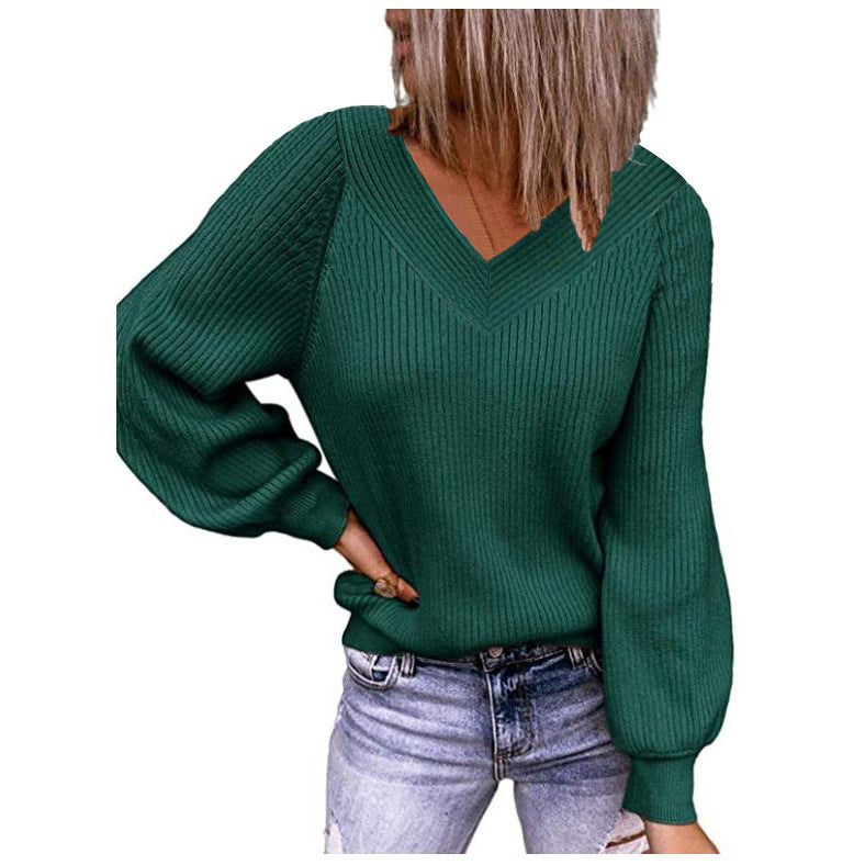 Women's Solid V-Neck Long Sleeve Pullover Knit Top Sweater