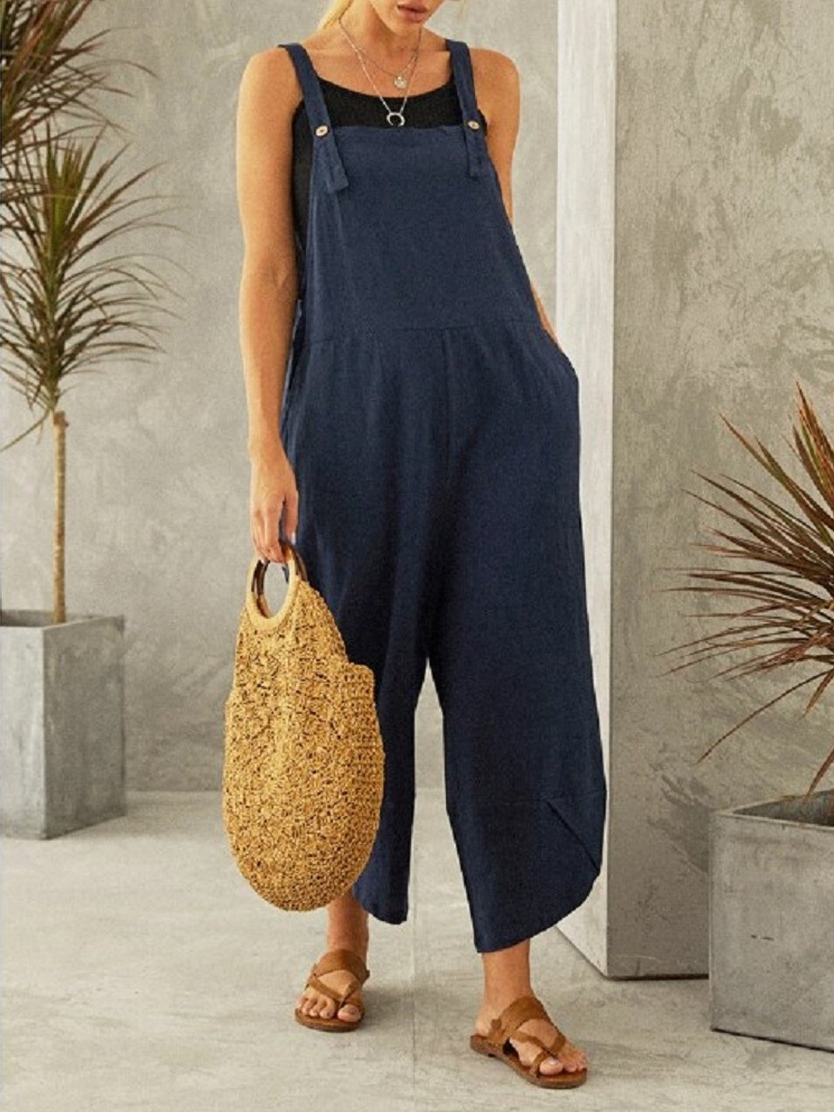 Women's Casual Pure Color Ankle-Length Overalls