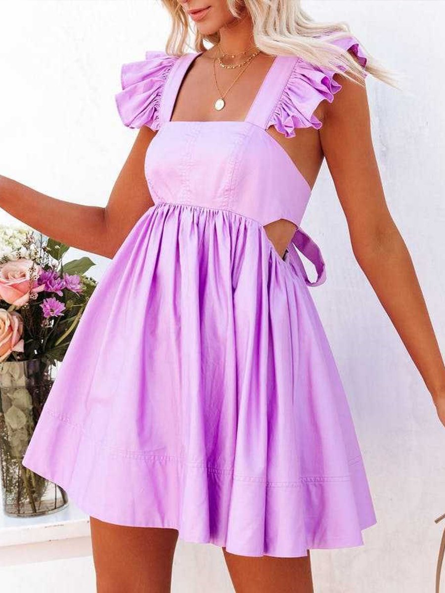 Women's Cute Doll Collar Waistless Back Bow Knot Cotton Linen Skirt