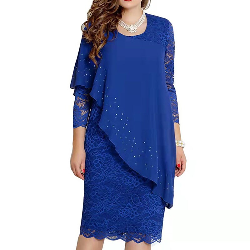 Women's Plus Size Lace Dress Pure Color Round Neck 3/4 Length Sleeve Dress