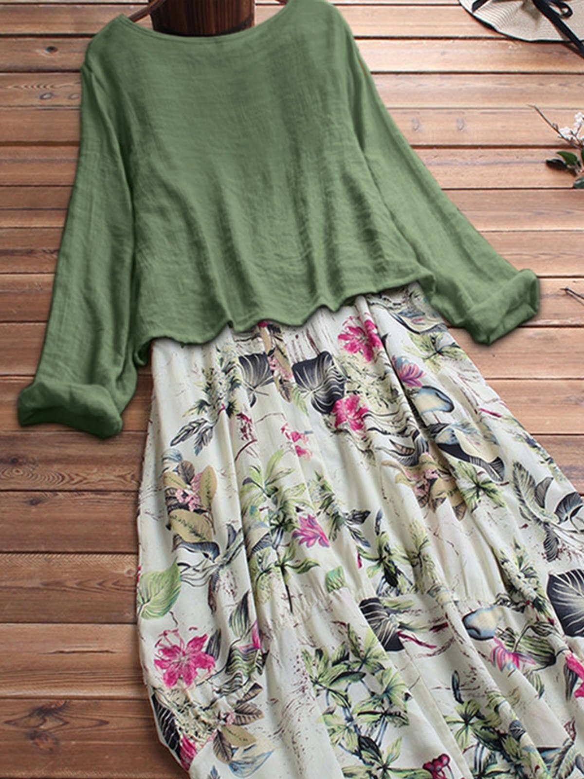 Women's Casual Floral Cotton Dress Two Piece Suit