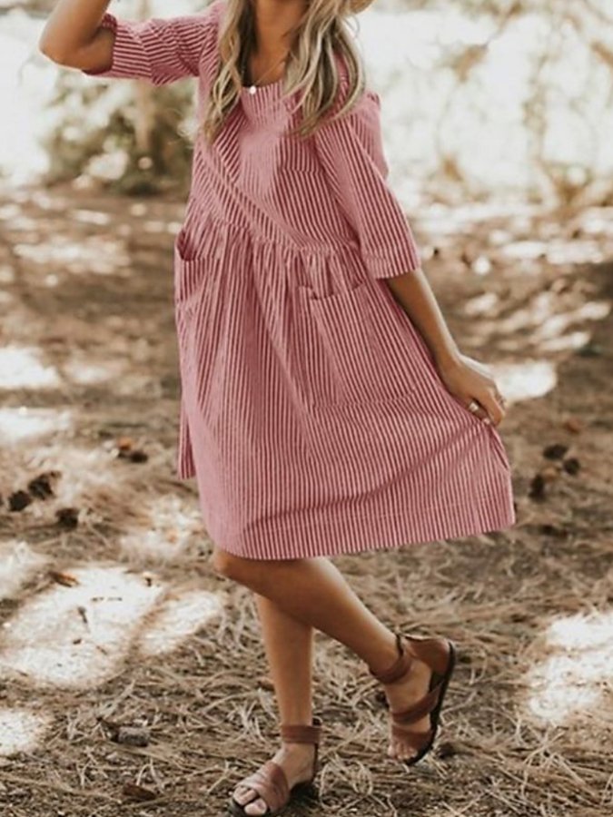Women's Fashion Casual Cotton Linen Striped Pocket Loose Round Neck Dress