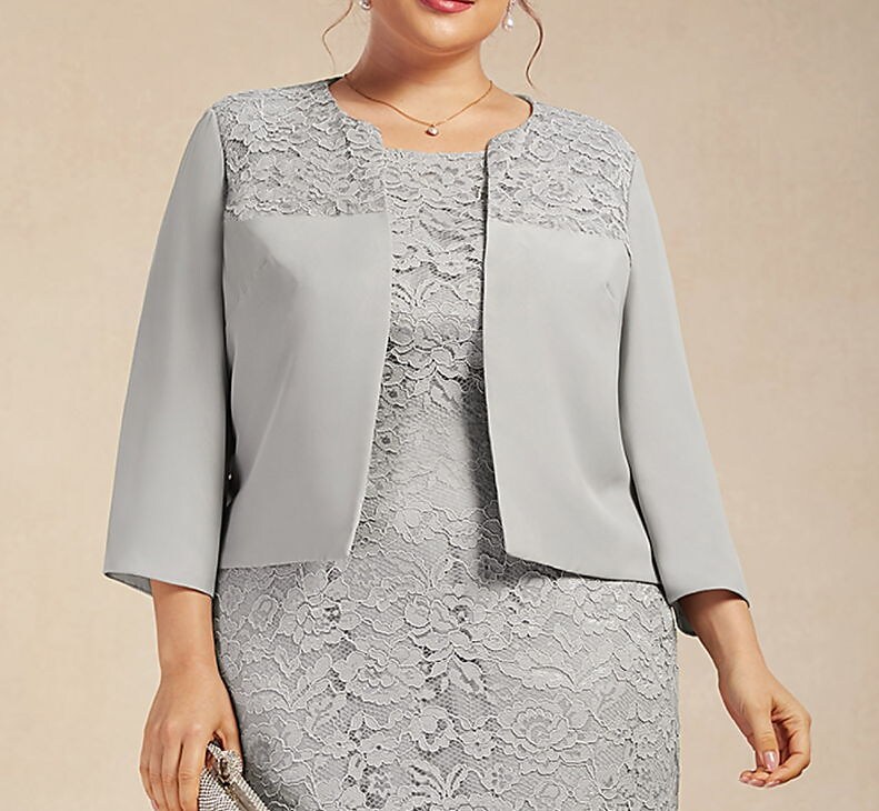 Women's Plus Size Two Piece Dress Crew Neck Lace Long Sleeve Dress