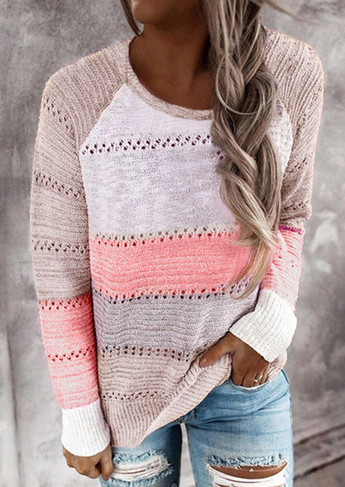 Hollow Out Color Block Sweater - Pink