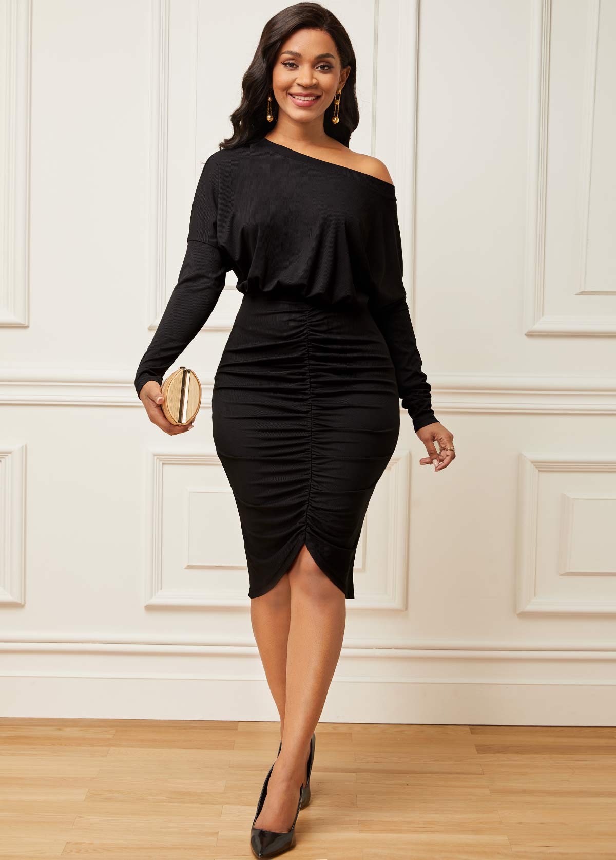 Skew Neck Shirred Long Sleeve Dress