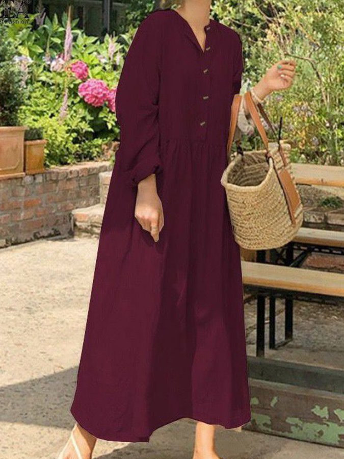 Ladies Cotton Linen Long Swing Shirt Dress