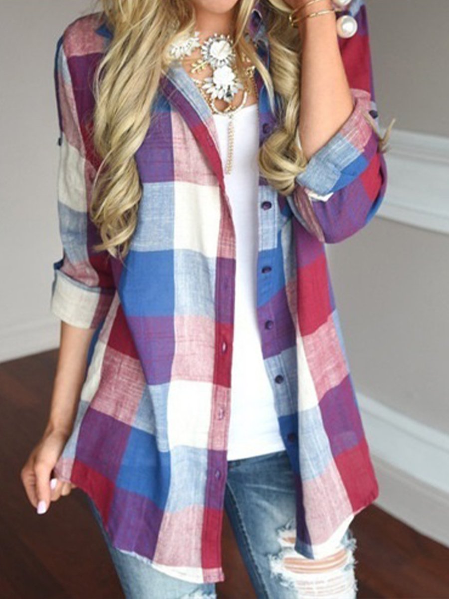 Women's Check Lapel Casual Long Sleeve Plaid Cotton Linen Shirt