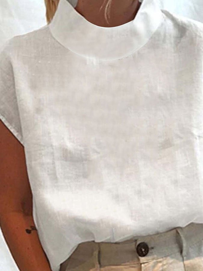 Solid Color Cotton Linen Turtleneck Shirt