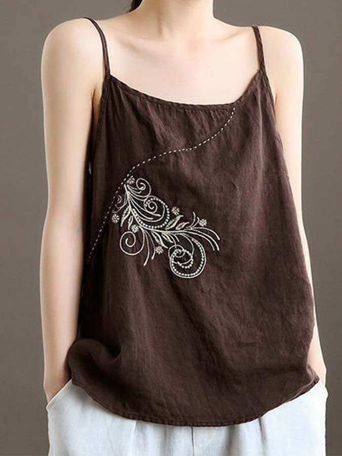 Women's Linen Embroidered Loose Sling Top