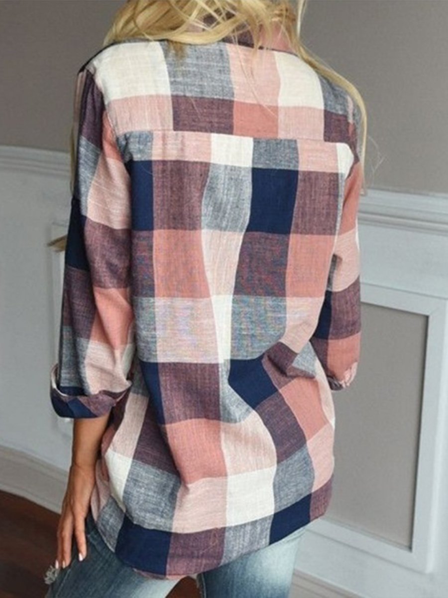 Women's Check Lapel Casual Long Sleeve Plaid Cotton Linen Shirt