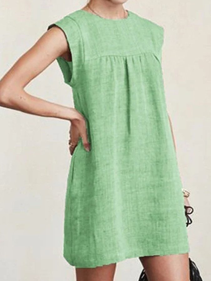 Ladies cotton linen casual solid color dress