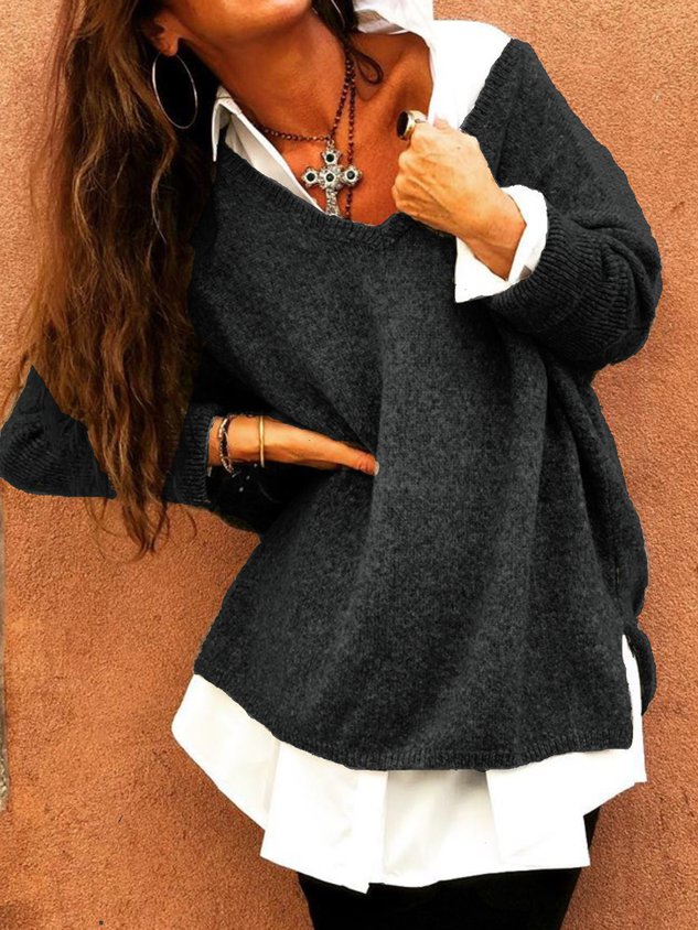 Plus Size Casual V Neck Solid Long Sleeve Sweater