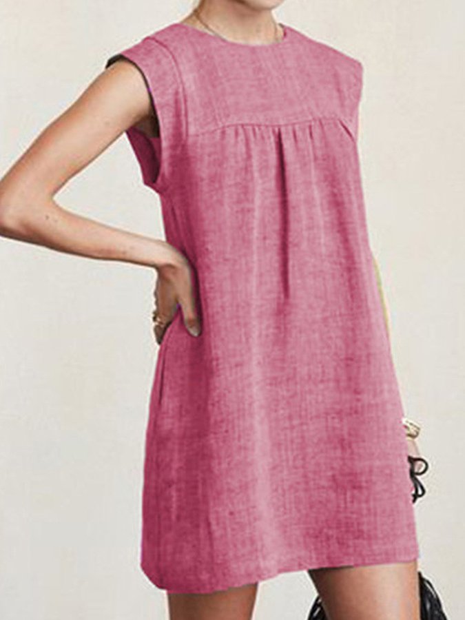 Ladies cotton linen casual solid color dress