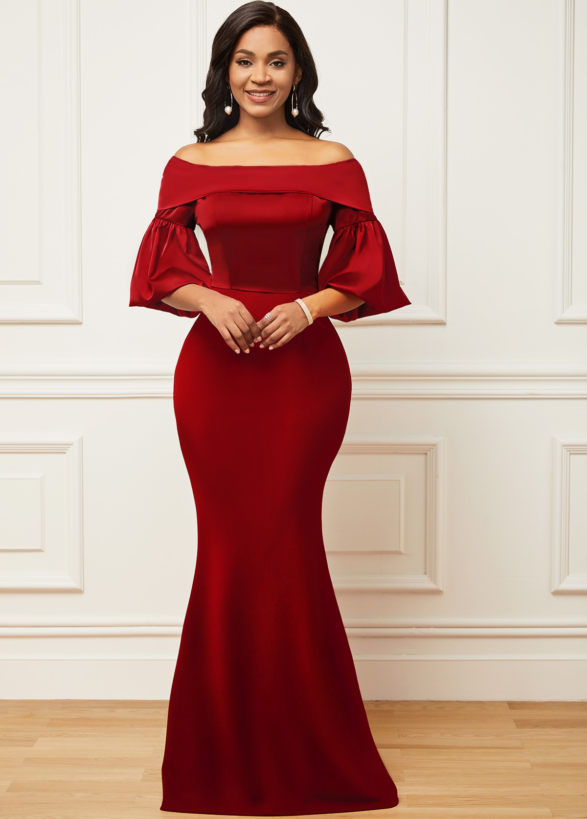 Off Shoulder Lantern Sleeve Red Mermaid Dress