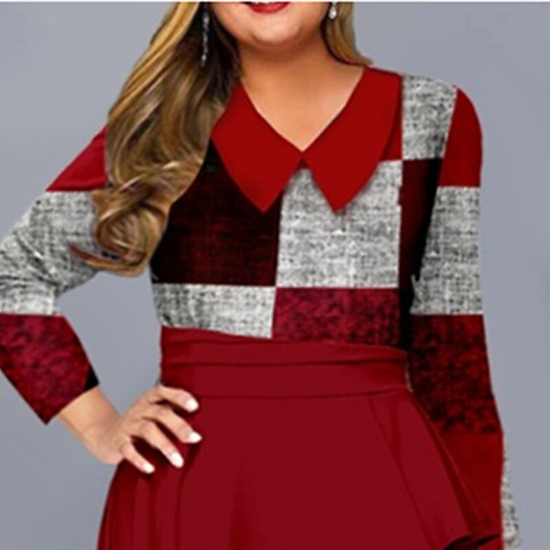Women's Plus Size Work Dress Plaid Shirt Collar Ruffle Long Sleeve Fall Winter Work Formal Midi Dress Vacation Going out Dress / Print