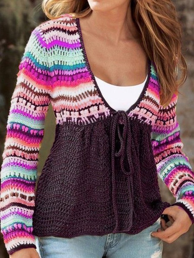 V Neck Tribal Knitted Long Sleeve Sweater