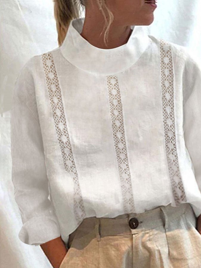 Women's Cotton Linen Lace Panel Turtleneck Long Sleeve Shirt