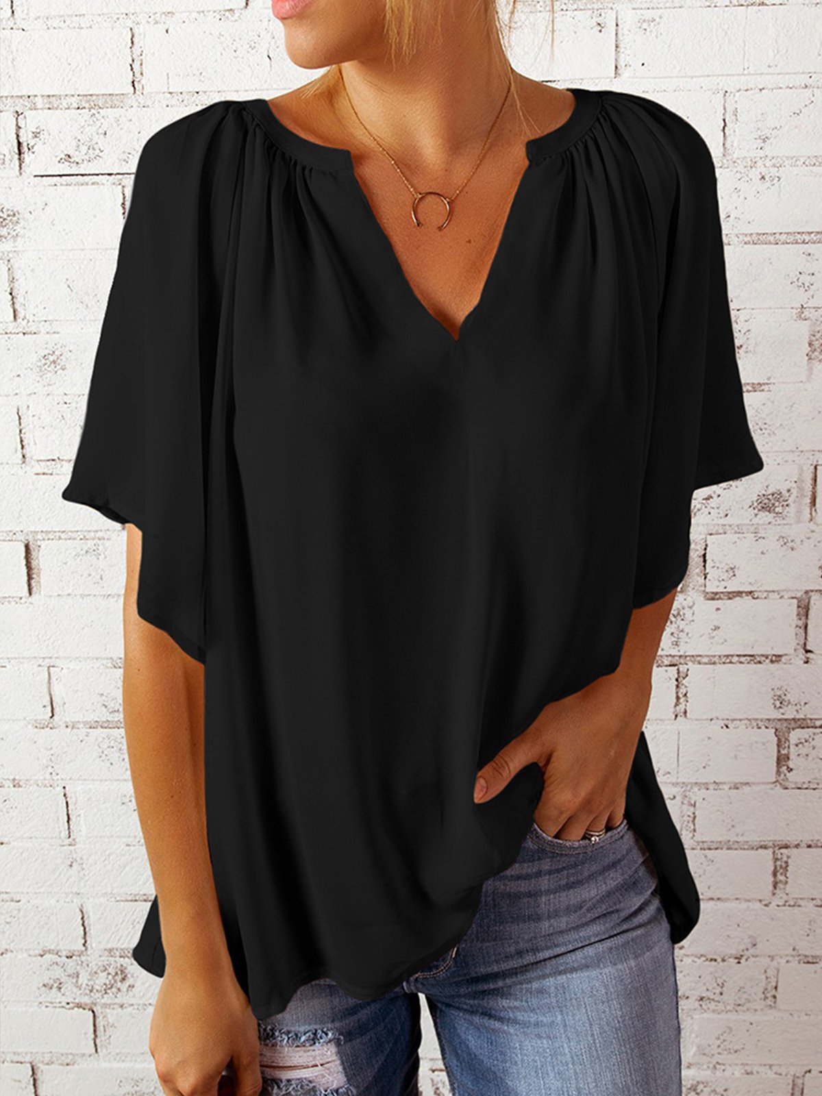 Women's Pure Color Gathered V-Neck Ruffle Sleeve Chiffon Shirt