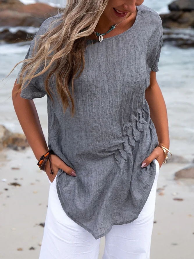 Women's Cotton Asymmetric Gathered Short Sleeve Shirt