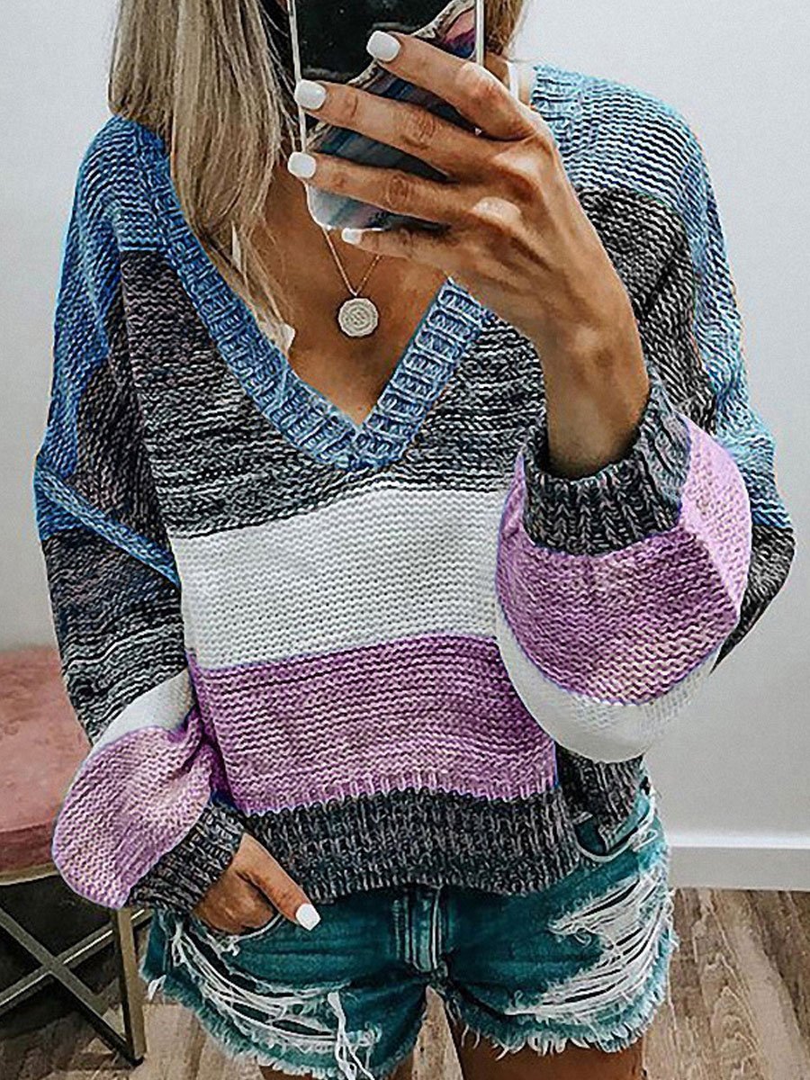 V-neck contrast stitching striped knitted sweater