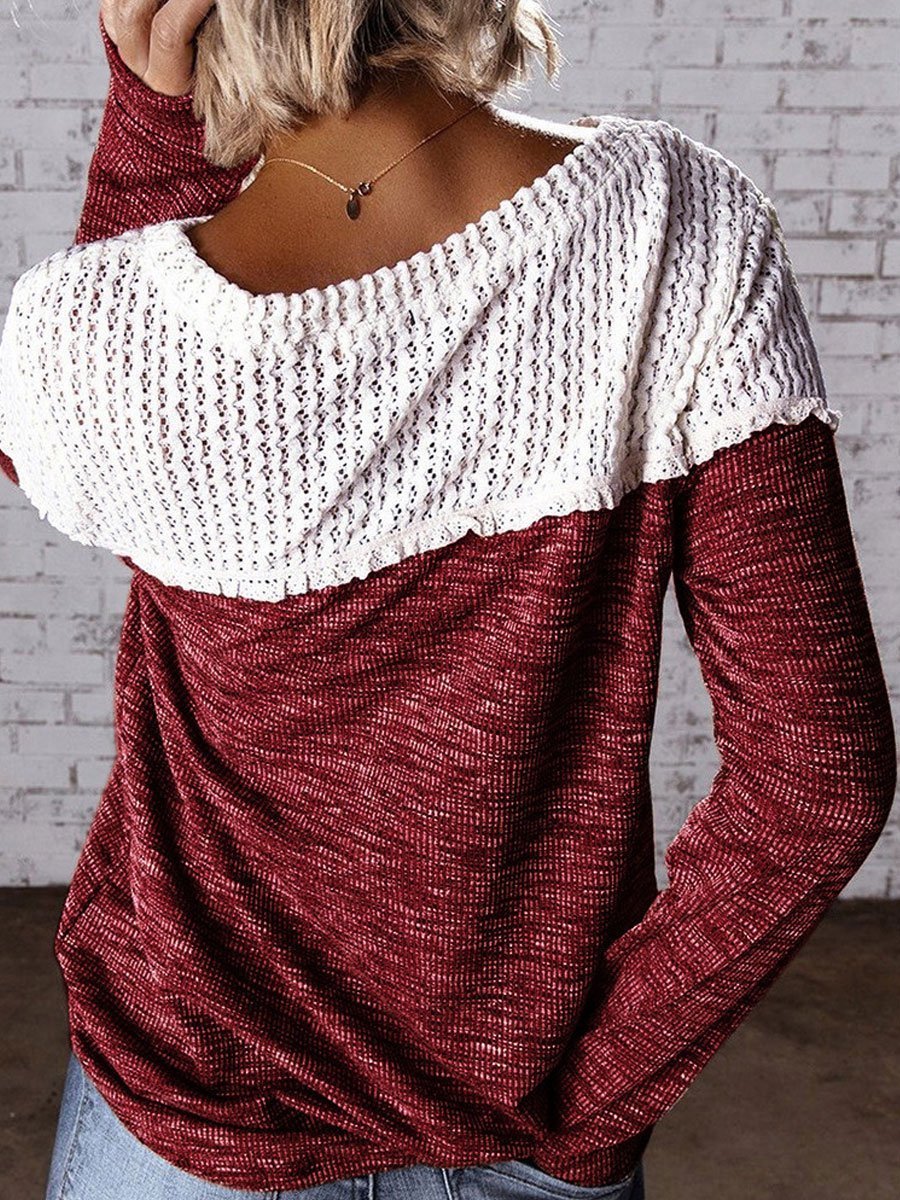 Round neck stitching knitted sweater