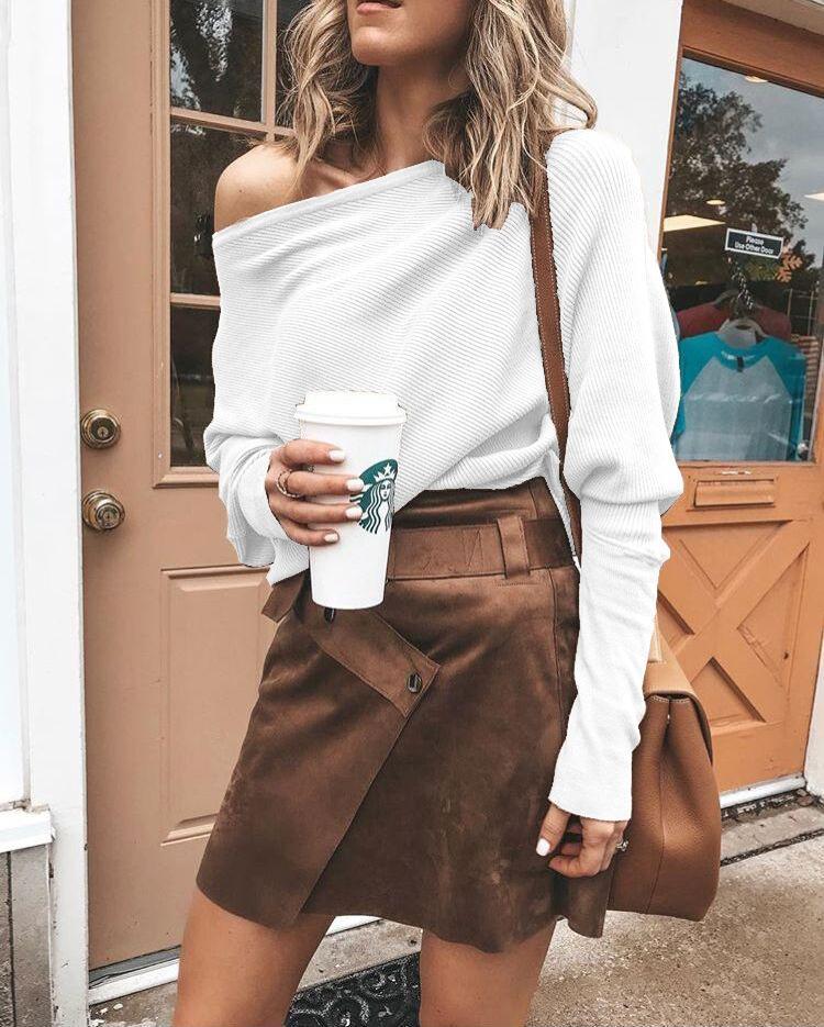 Oblique Neckline Solid Loose Regular Sweaters