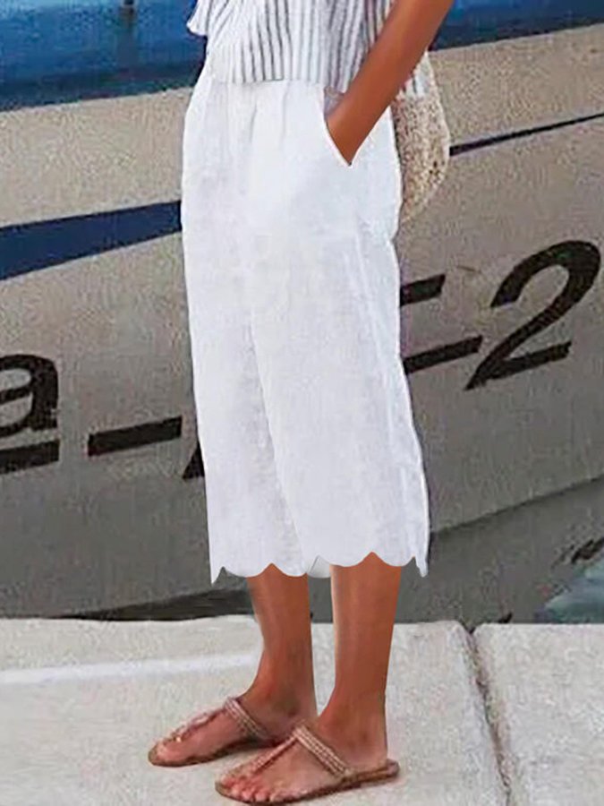 Cotton and Linen Wave Pocket Casual Cropped Pants