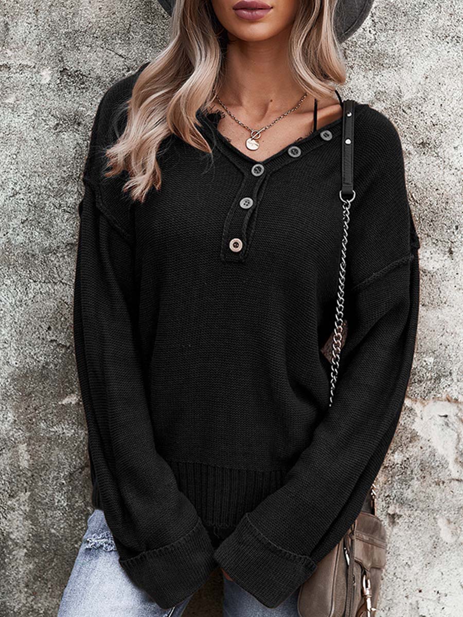 V-neck Drop-shoulder Sleeve Single-breasted Sweater
