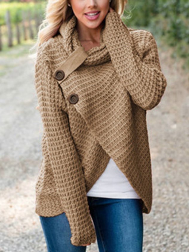 Solid Buttoned Long Sleeve Knitted Turtle Neck Sweater