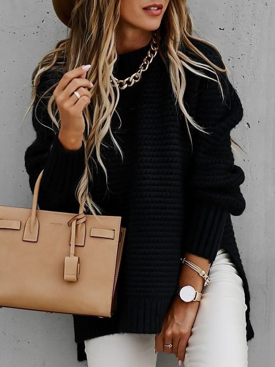 Solid color side slit knit sweater