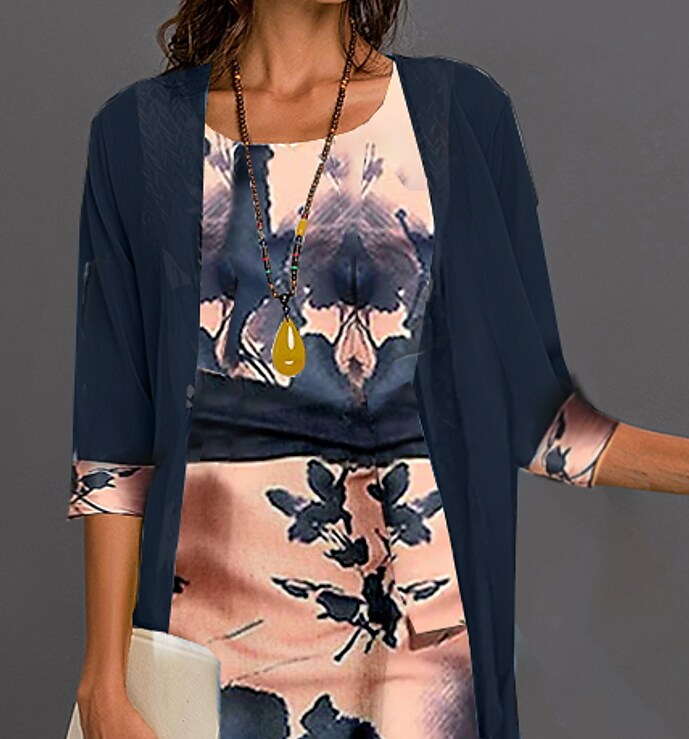 Women's Dress Set Two Piece Dress Midi Dress Blue 3/4 Length Sleeve Print Print Fall Winter Crew Neck Fashion Modern 2022 S M L XL 2XL 3XL