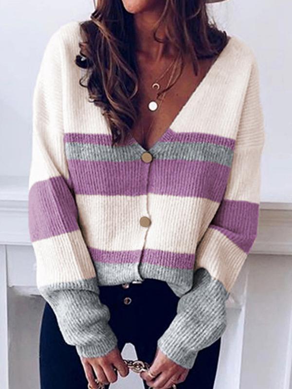 Sexy V Neck Contrast Stitching Long Sleeved Sweater Cardigan