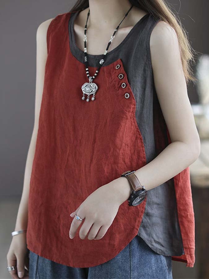 Women's Cotton Linen Colorblock Button Loose Sleeveless Top
