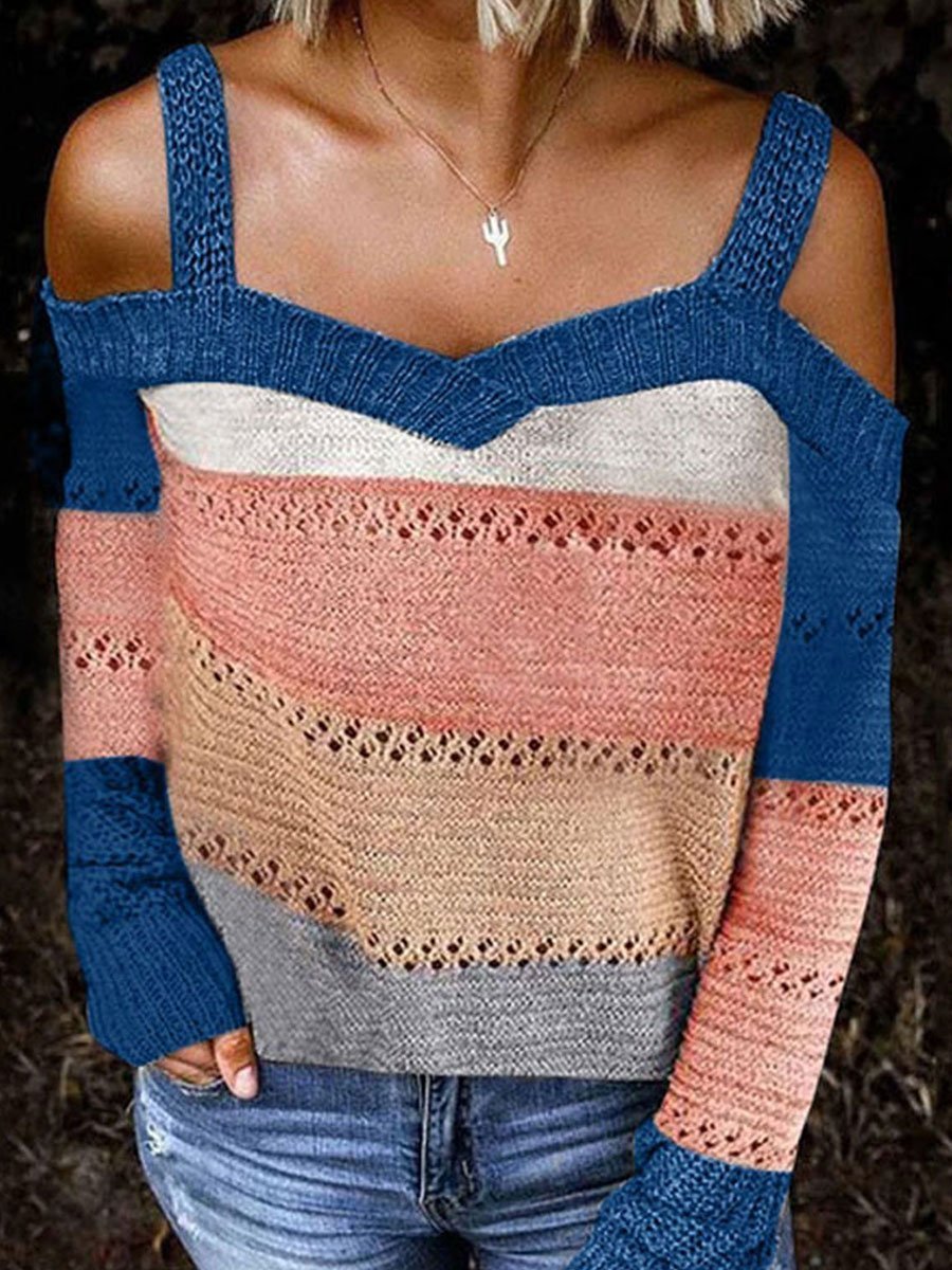Off-the-shoulder stitching casual long-sleeved knitted sweater