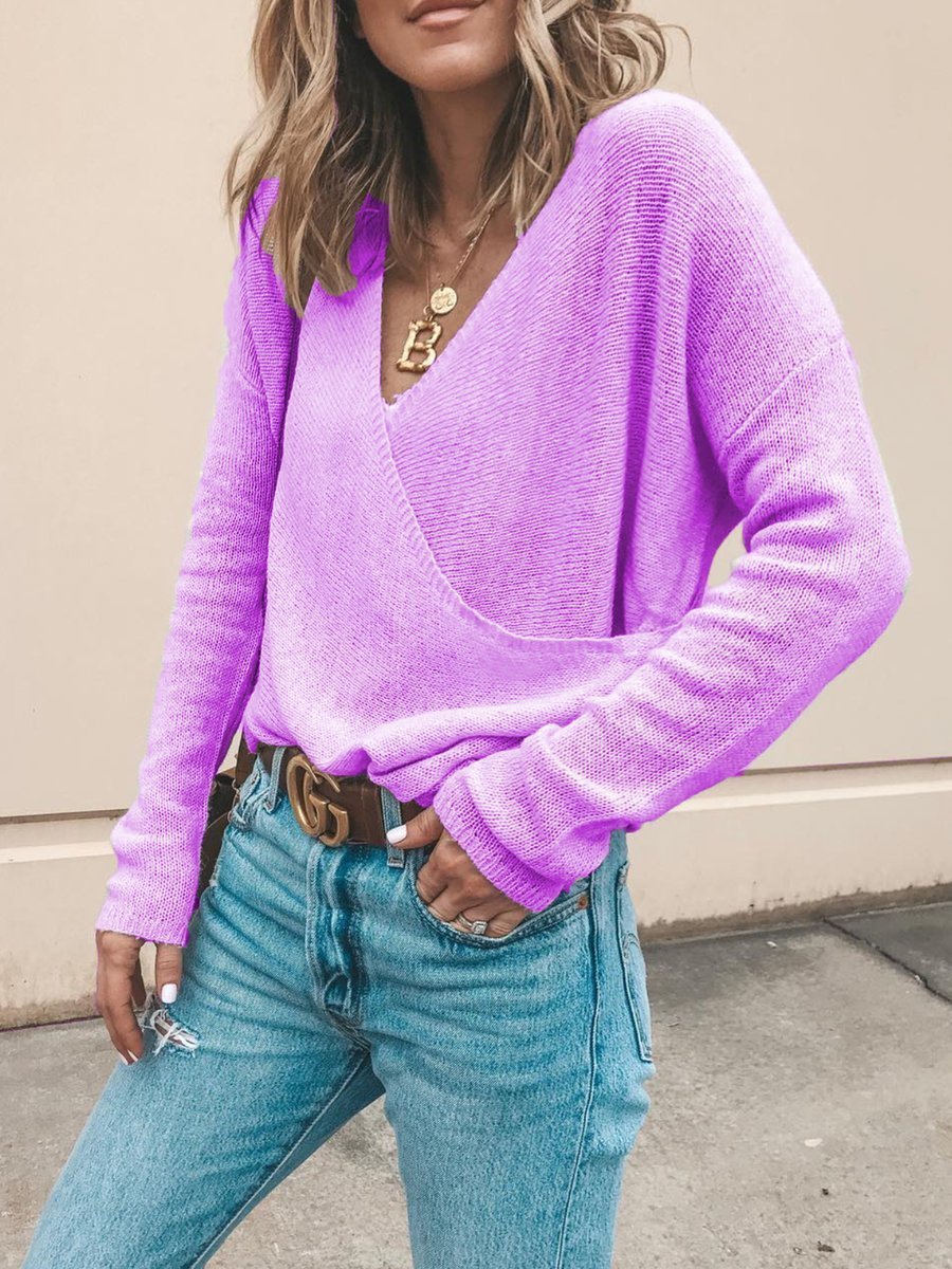 Solid Color V-neck Knitted Sweater