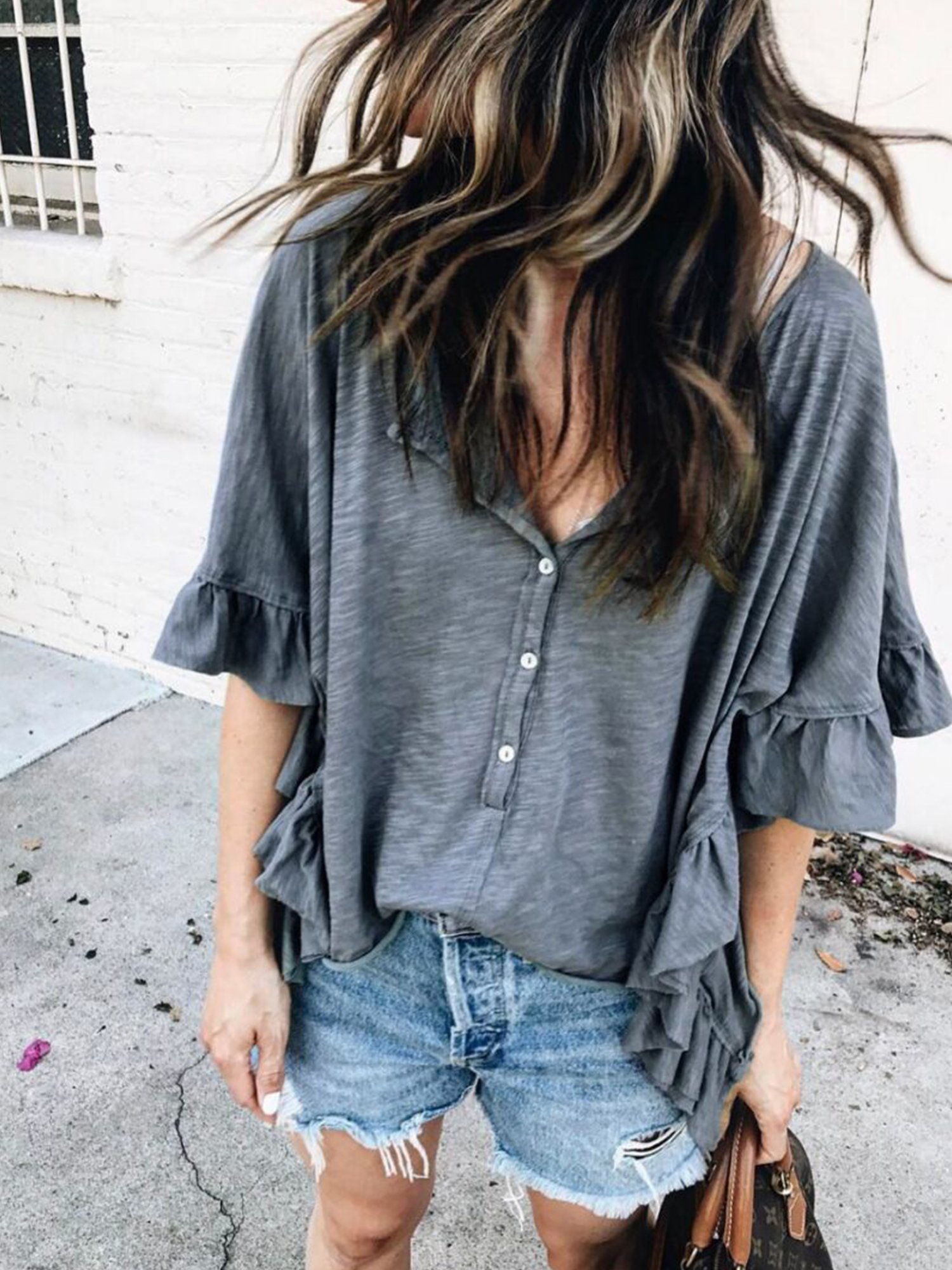 Women's Loose Casual Round Neck Ruffle Short Sleeve T-Shirt