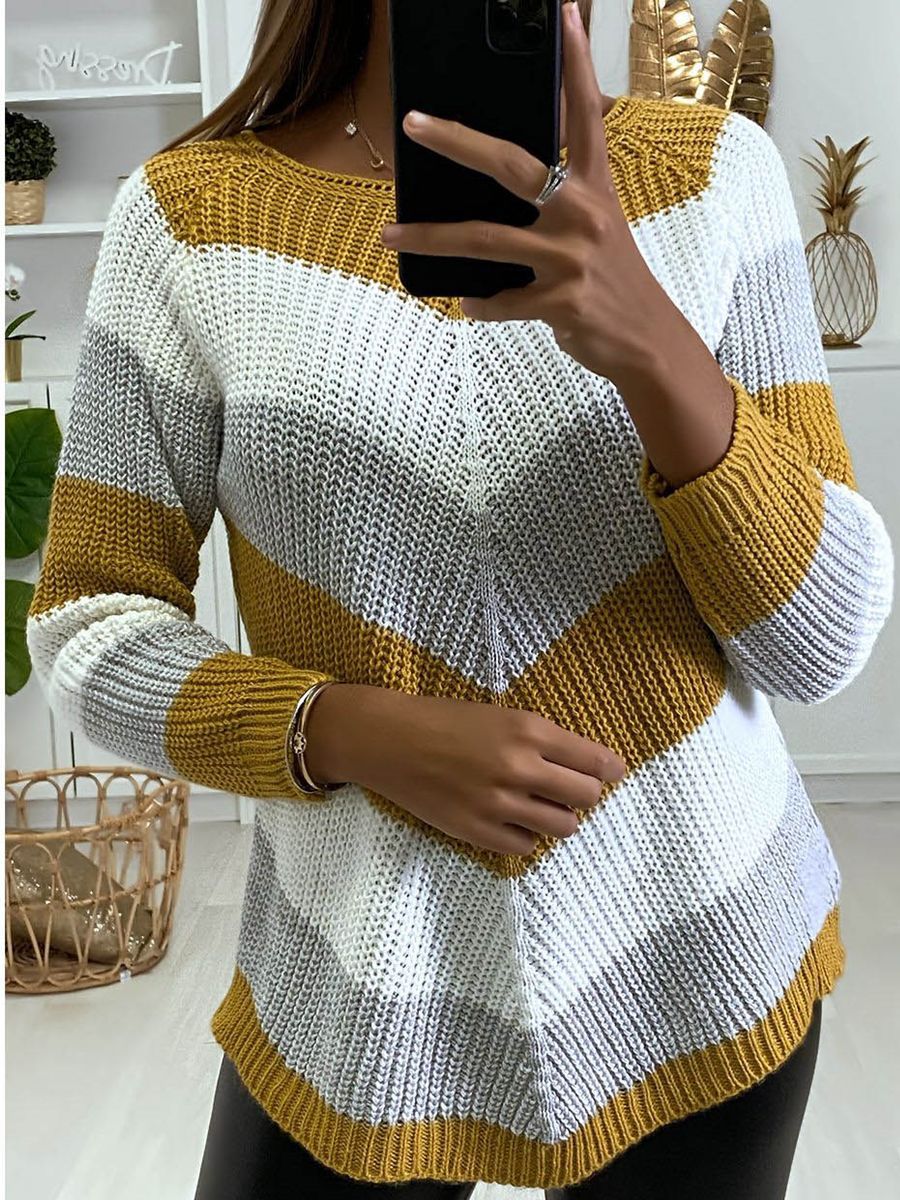 Women's Color Block Long Sleeve Knit Sweater